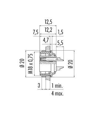 Scale drawing 09 0128 89 07 - M16 Female panel mount connector, Contacts: 7 (07-a), unshielded, solder, IP67, UL, front fastened