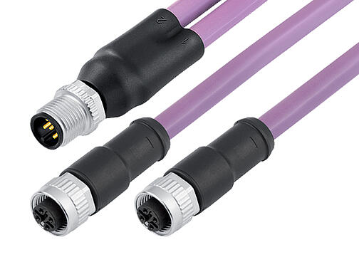 Illustration 77 9851 2530 50705-0200 - M12 male duo connector - 2 female cable connectors M12x1, Contacts: 5, shielded, moulded on the cable, IP67, CAN-Bus, PUR, violet, 1 x 2 x AWG 22 + 1 x 2 x AWG 24, 2 m