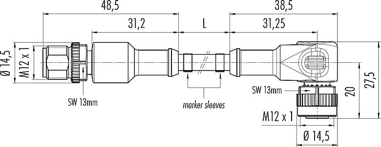 Scale drawing M12 Connecting cable male cable connector - female angled connector, Contacts: 5, unshielded, moulded on the cable, IP68/IP69K, UL 2238, PUR, black, 5 x 0.34 mm², 1 m