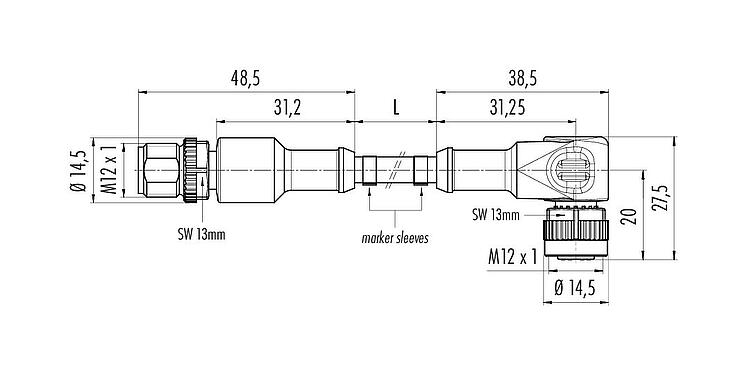 Scale drawing M12 Connecting cable male cable connector - female angled connector, Contacts: 3, unshielded, moulded on the cable, IP68/IP69K, UL 2238, PUR, black, 3 x 0.34 mm², 1 m