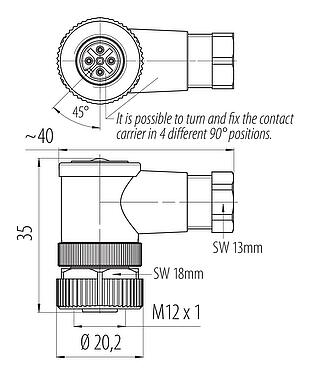 Schaaltekening M12 Female haakse connector, aantal polen: 4, 4,0-6,0 mm, onafgeschermd, kooiklem, IP67