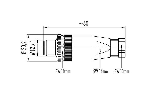 Maßzeichnung M12 Kabelstecker, Polzahl: 4, 4,0-6,0 mm, ungeschirmt, crimpen (Crimpkontakte müssen separat bestellt werden), IP67, UL 2238