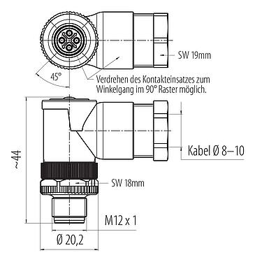 Maßzeichnung M12 Winkelstecker, Polzahl: 3+PE, 8,0-10,0 mm, ungeschirmt, schraubklemm, IP67, UL 2238, VDE
