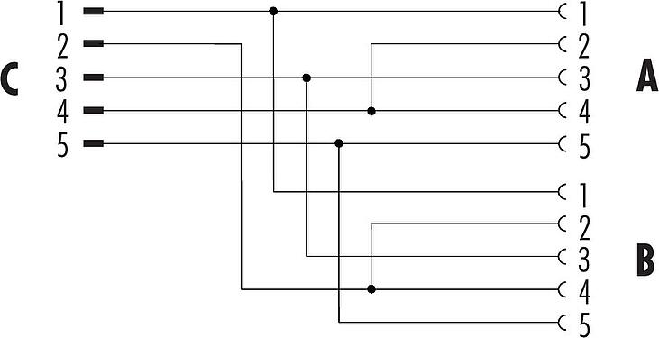 Pin assignment plans M12 Twin distributors, Y-distributor, male connector - 2 female connector, Contacts: 5, unshielded, pluggable, IP68, UL 2238