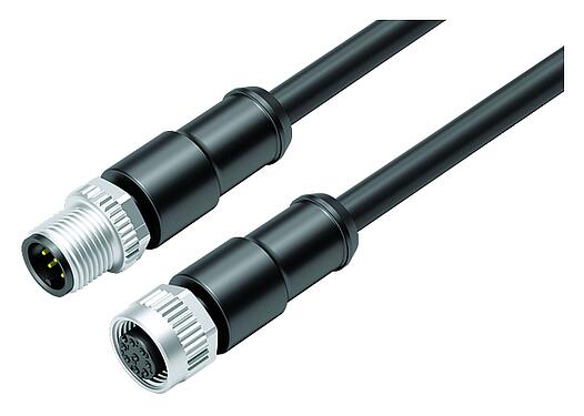 Illustration M12 Connecting cable male cable connector - female cable connector, Contacts: 8, unshielded, moulded on the cable, IP67/IP69K, UL 2238, PUR, black, 8 x 0.25 mm², 2 m