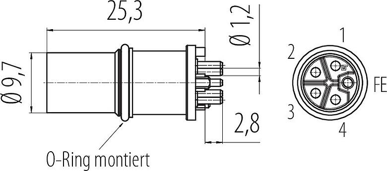 Maßzeichnung M12 Einbaustecker, Polzahl: 5, ungeschirmt, THR, IP68, UL 2238, Frontmontage