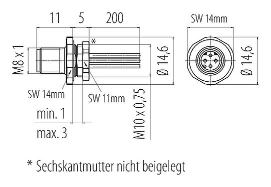 Maßzeichnung M8 Flanschstecker, Polzahl: 4, ungeschirmt, Litzen, IP67, M8x1,0, Frontmontage