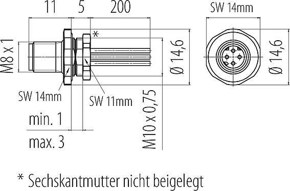 Maßzeichnung M8 Flanschstecker, Polzahl: 4, ungeschirmt, Litzen, IP67, M8x1,0, Frontmontage