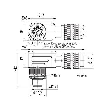 比例图 M12 弯角针头电缆连接器, 极数: 4, 5.0-8.0mm, 可接屏蔽, 压接(压接触点必须单独订购), IP67, UL 2238
