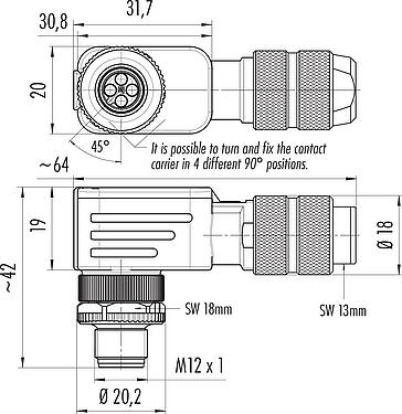 스케일 드로잉 M12 각진 플러그, 콘택트 렌즈: 4, 5.0-8.0mm, 차폐 가능, 크림프(크림프 접점은 별도로 주문해야 함), IP67, UL 2238