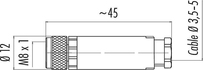 Scale drawing M8 Female cable connector, Contacts: 3, 3.5-5.0 mm, unshielded, screw clamp, IP67, UL 2238