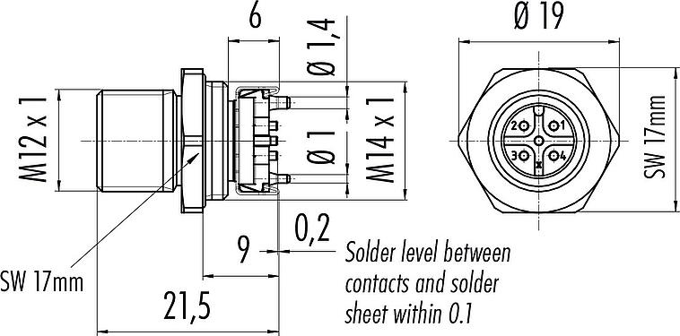 Scale drawing M12 Male panel mount connector, Contacts: 5, unshielded, SMT, IP67, M12x1.0, Front mounting