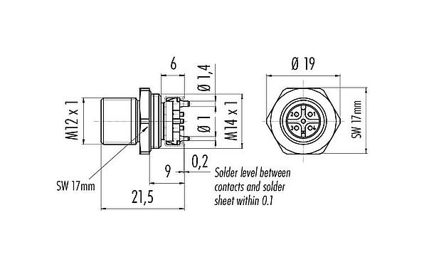 Skalritning M12 Flänsplugg, antal poler: 5, oskärmad, SMT, IP67, M12x1,0, Frammontering