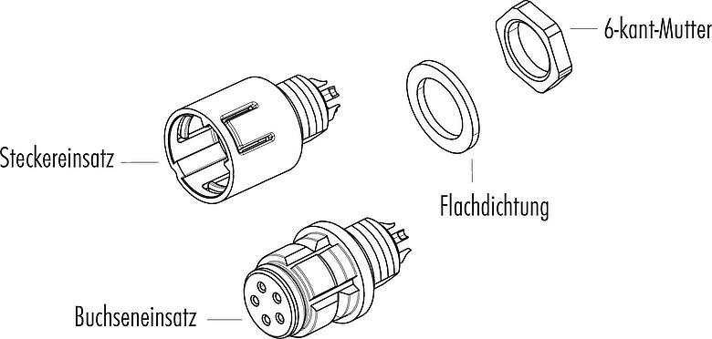 Einzelteildarstellung Snap-In Flanschstecker, Polzahl: 5, ungeschirmt, löten, IP67, M8x0,75, Frontmontage