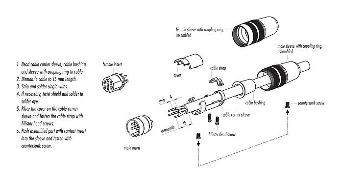 Hướng dẫn lắp ráp M16 Ổ cắm cáp, Số lượng cực : 3 (03-a), 6,0-8,0mm, không có chống nhiễu, hàn, IP40