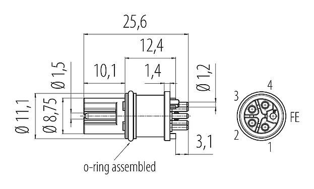 Bản vẽ tỷ lệ M12 Mảnh lắp ráp ổ cắm, Số lượng cực : 5, không có chống nhiễu, THR, IP68, UL 2238, Gắn phía trước