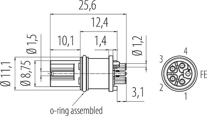Dessin coté M12 Encastrable femelle, Contacts: 5, non blindé, THR, IP68, UL 2238, Montage frontal