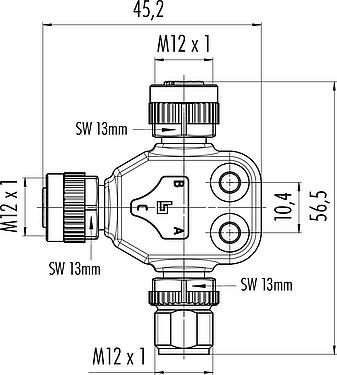 Scale drawing M12 Twin distributors, T-distributor, male connector - 2 female connector, Contacts: 5, unshielded, pluggable, IP68, UL 2238