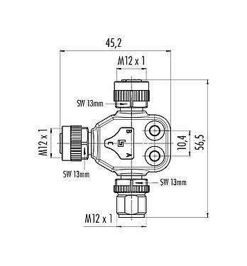 Dessin coté 79 5255 190 05 - M12 Répartiteur double, T-distributeur, mâle - 2 femelle, Contacts: 5, non blindé, enfichable, IP68, UL 2238