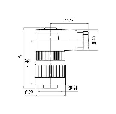 Schaaltekening RD24 Female haakse connector, aantal polen: 3+PE, 6,0-8,0 mm, onafgeschermd, schroefklem, IP67, UL, ESTI+, VDE, PG 9