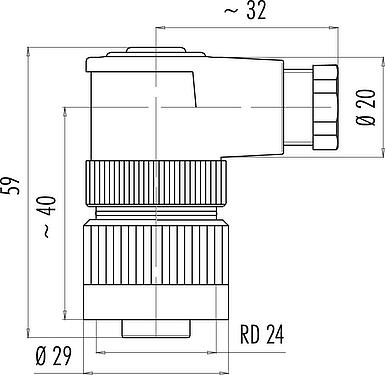 Scale drawing RD24 Female angled connector, Contacts: 6+PE, 6.0-8.0 mm, unshielded, screw clamp, IP67, UL, ESTI+, VDE, PG 9