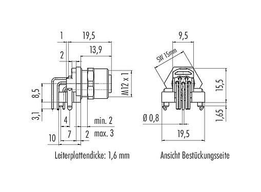 Maßzeichnung M12 Flanschdose, gewinkelt, Polzahl: 8, ungeschirmt, THR, IP68, UL 2238, Frontmontage, für die Leiterplattenmontage