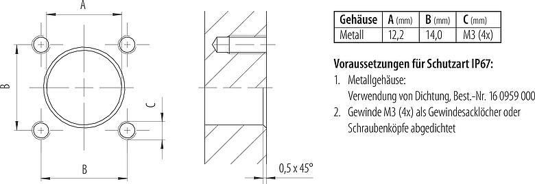 Montageanleitung / Montageausschnitt M12 Vierkant-Flanschdose, Polzahl: 4, ungeschirmt, Litzen, IP40, UL 2238, M3 (4x), Frontmontage, vergossen