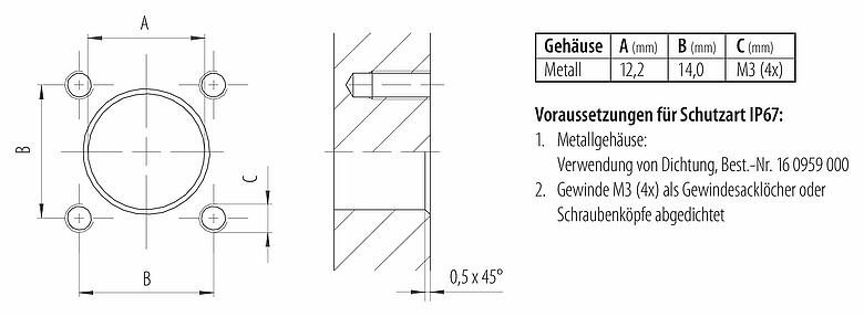 Montageanleitung / Montageausschnitt M12 Vierkant-Flanschstecker, Polzahl: 4, ungeschirmt, Litzen, IP40, UL 2238, M3 (4x), Frontmontage, vergossen
