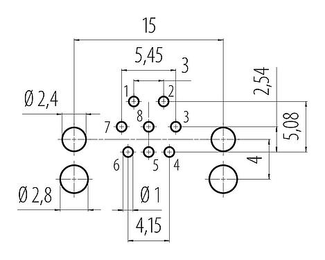 Disposition du conducteur M12 Embase femelle, coudé, Contacts: 8, non blindé, THR, IP68, UL 2238, Montage frontal, pour assemblage PCB