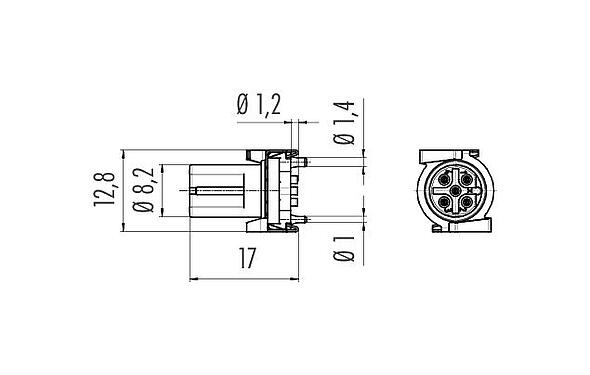 Desenho da escala 09 0444 601 05 - M12 Soquete de montagem embutida, Contatos: 5, blindável, SMT, IP67, para SMT