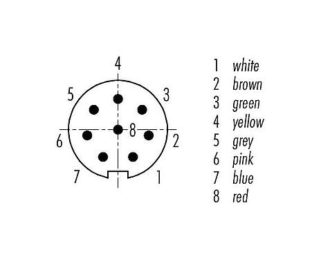 Contact arrangement (Plug-in side) M9 Male angled connector, Contacts: 8, unshielded, moulded on the cable, IP67, PUR, black, 8 x 0.14 mm², 2 m