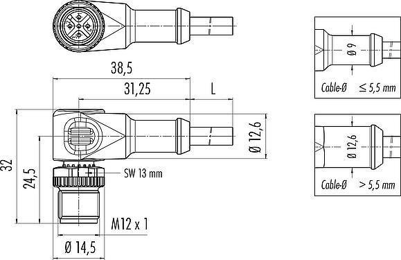 Scale drawing M12 Male angled connector, Contacts: 8, unshielded, moulded on the cable, IP68/IP69K, UL 2238, PUR, black, 8 x 0.25 mm², 5 m