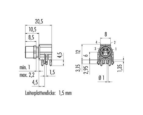 Maßzeichnung M8 Flanschdose, gewinkelt, Polzahl: 3, ungeschirmt, THR, IP67, UL 2238