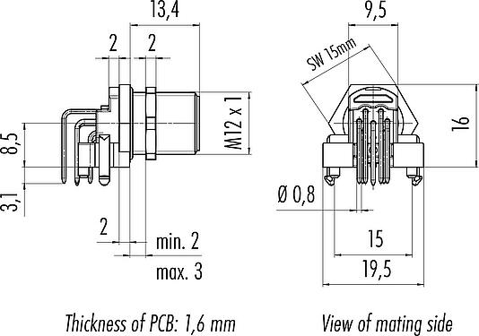 Bản vẽ tỷ lệ M12 Phích cắm gắn bảng, bẻ góc, Số lượng cực : 8, không có chống nhiễu, THR, IP68, UL 2238, Chốt trung tâm, Để gắn PCB