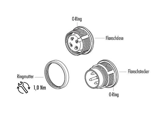 Einzelteildarstellung M16 Flanschdose, Polzahl: 5 (05-b), ungeschirmt, löten, IP67, UL 2238, M18x0,75, Rückwandmontage
