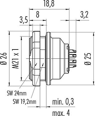 Maßzeichnung Push Pull Flanschdose, Polzahl: 14, ungeschirmt, löten, IP67, M21x1,0, Rückwandmontage