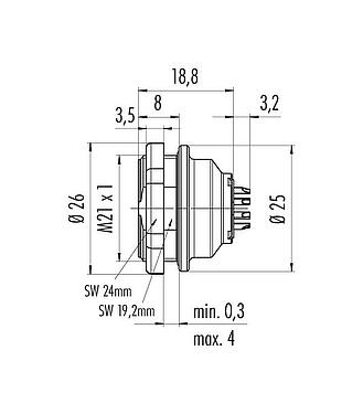 Scale drawing Push Pull Female panel mount connector, Contacts: 19, unshielded, solder, IP67, M21x1,0, Rear mounting