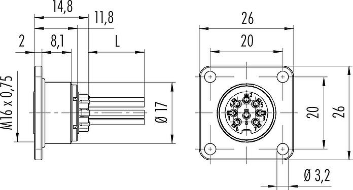 Scale drawing M16 Female panel mount connector, Contacts: 8 (08-a), unshielded, single wires, IP68, UL 2238, AISG compliant, M18x0,75, Front mounting