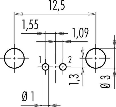 Conductor layout M9 Female angled panel mount connector, Contacts: 2, shieldable, THT, IP67, Rear mounting, potted