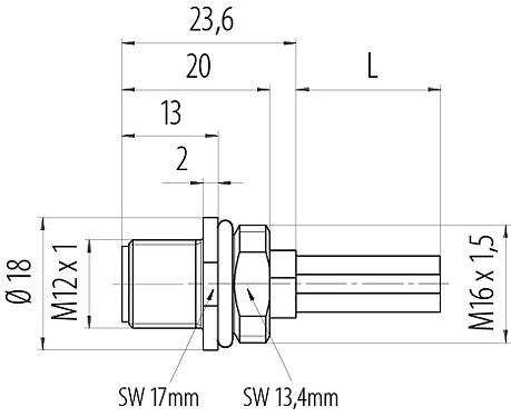 Scale drawing M12 Male panel mount connector, Contacts: 4, unshielded, single wires, IP68, UL 2238, M16x1.5, Front mounting, potted