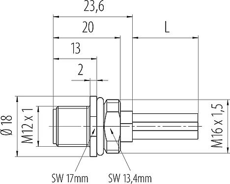 Maßzeichnung M12 Flanschstecker, Polzahl: 4, ungeschirmt, Litzen, IP68, UL 2238, M16x1,5, Frontmontage, vergossen