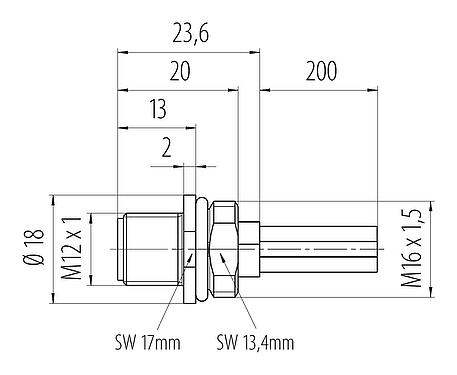 Dessin coté 76 4341 0136 00034-0200 - M12 Embase mâle, Contacts: 4, non blindé, fils, IP68, UL 2238, M16x1,5