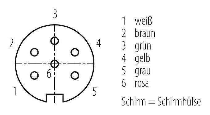 Polbild (Steckseite) M16 Kabeldose, Polzahl: 6, geschirmt, am Kabel angespritzt, IP67, PUR, schwarz, 6 x 0,25 mm², 5 m