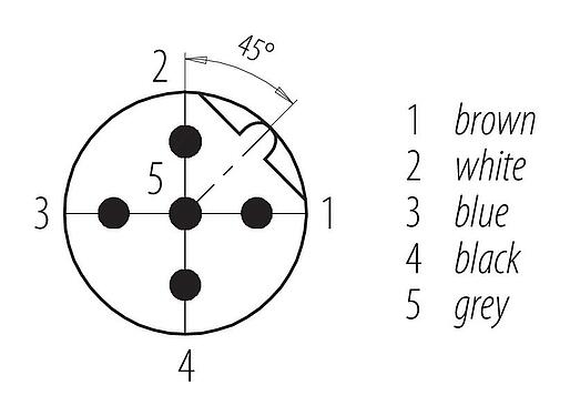 Disposition des contacts (Côté plug-in) 76 0133 0011 00105-0200 - M12 Embase mâle, Contacts: 5, non blindé, fils, IP68, UL 2238, PG 9, Montage frontal