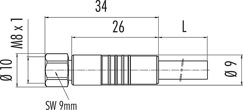 Scale drawing M8 Female cable connector, Contacts: 8, unshielded, moulded on the cable, IP67/IP69K, UL 2238, PVC, grey, 8 x 0.25 mm², stainless steel, 2 m
