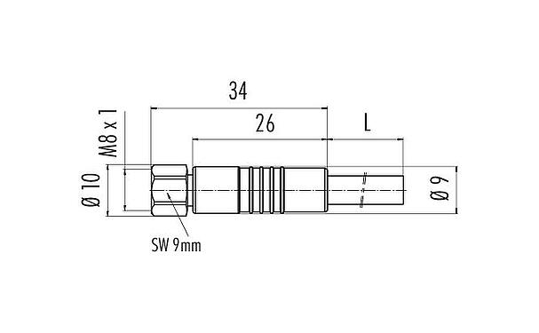 Dessin coté M8 Connecteur femelle, Contacts: 3, non blindé, surmoulé sur le câble, IP67/IP69K, UL 2238, PUR, noir, 3 x 0,34 mm², Acier inoxydable, 2 m