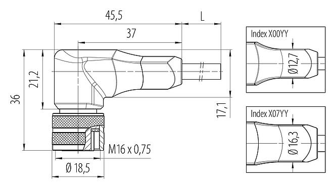 Scale drawing M16 Female angled connector, Contacts: 4, shielded, moulded on the cable, IP67, PUR, black, 4 x 0.34 mm², 5 m