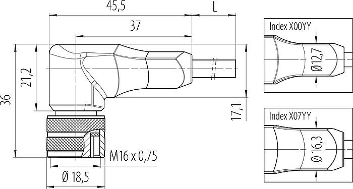 縮尺図 M16 メス アングルコネクタ, 極数: 3, シールド, モールドケーブル付き, IP67, PUR, 黒, 3x0.34mm², 2m