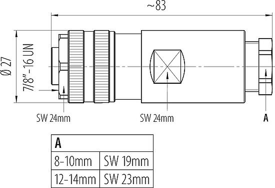 Disegno in scala 7/8" Connettore cavo femmina, Numero poli: 2+PE, 12,0-14,0 mm, non schermato, morsetto a vite, IP67, UL 2238, VDE