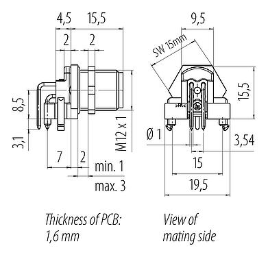 Skalritning M12 Flänsplugg, antal poler: 4, oskärmad, THR, IP67, UL 2238, M12x1,0, Bakre väggmontering, tvådelad design